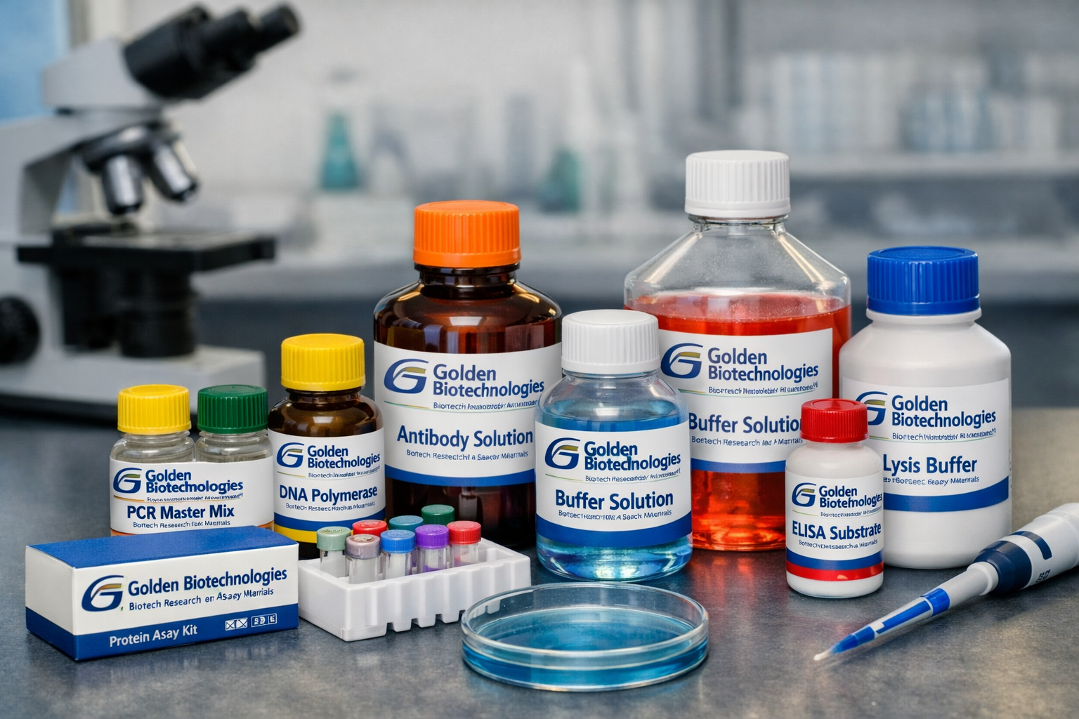 Golden Biotechnologies biotech research reagents and assay raw materials on a laboratory bench