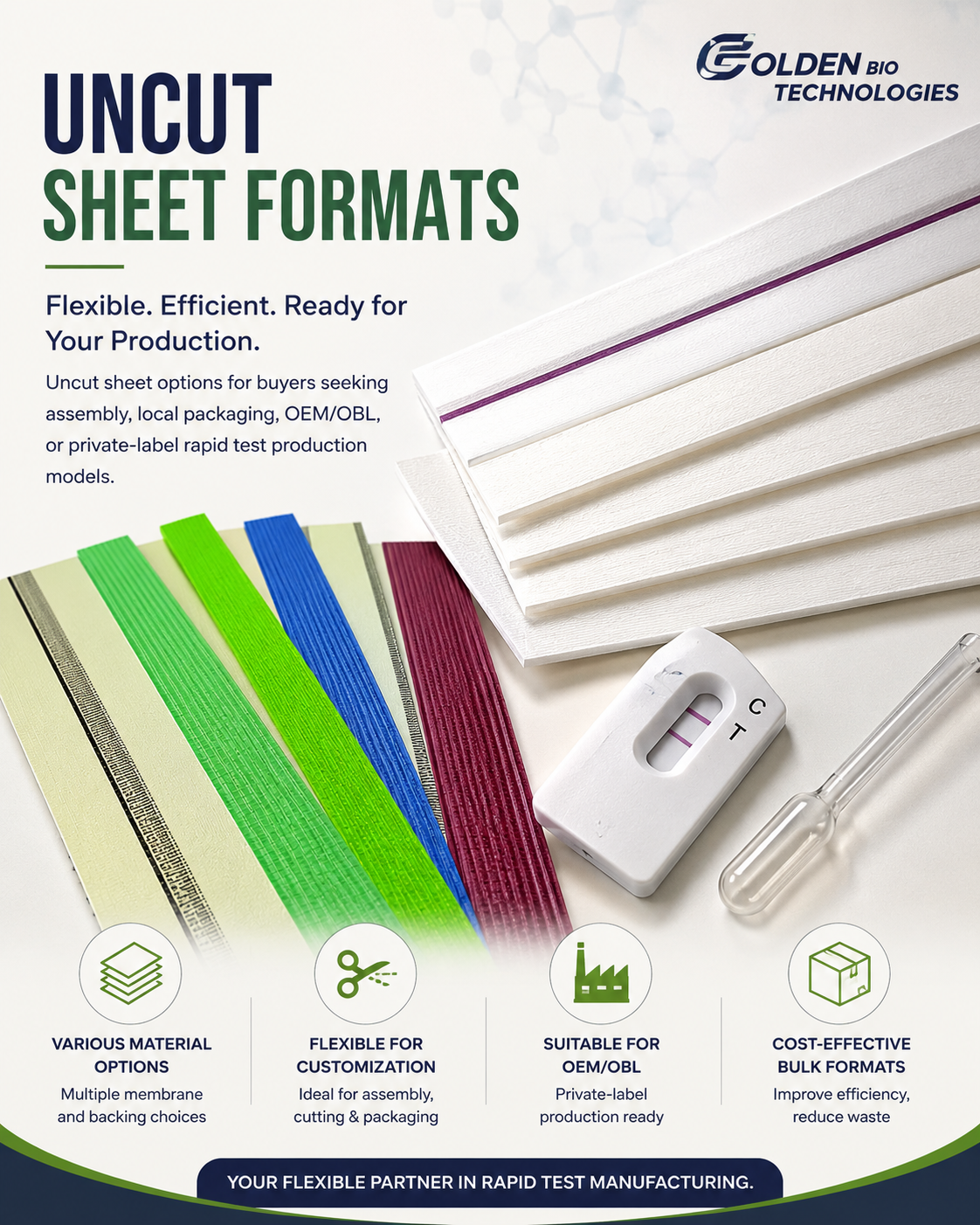 Uncut sheets for rapid test manufacturing